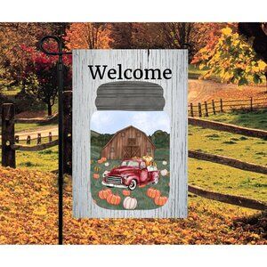 Welcome Mason Jar Scene with Red Truck and Pumpkins Fall Garden Flag